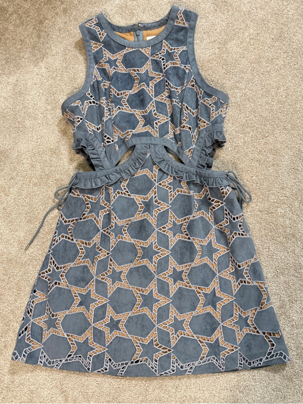 SELF-PORTRAIT Cutout Geometric Lace Dress — Steel Blue / Nude Illusion | US 8 - Picture 3 of 15
